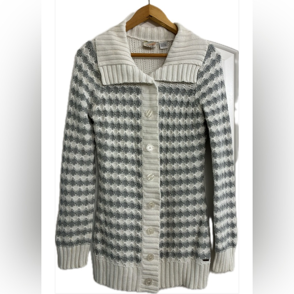 O’Neil Gray and White Women's Long Cardigan button up Sweater Sz L